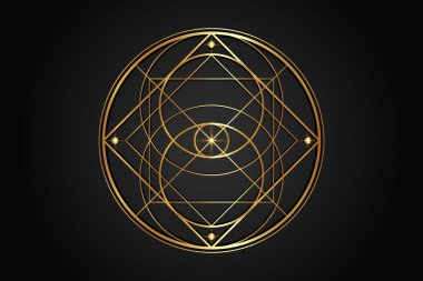 Vesica Piscis, Kutsal Geometri, altın mistik üçüncü göz geometrik logo tasarımı. Takdir 'in Okült Amblemi, hepsi göz koruması, şans, sihir görüyor. Tanrı 'nın gözü masonik işaret siyah arka planda izole