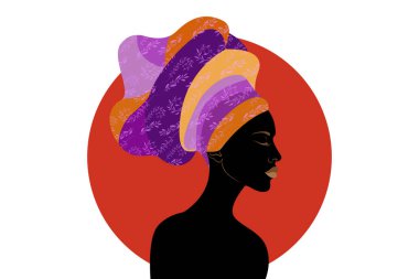 Afrikalı kadın logosu tasarımı, Afrika kabilesi desenli türban takan siyah kadın portresi. Beyaz arkaplanda izole edilmiş güzellik vektörü illüstrasyonu 