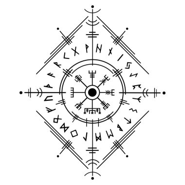 Vegvisir sihirli seyrüsefer pusulası, antik Viking runik alfabesi, Viking toplumunda yaygın olarak kullanılan İskandinav mitolojisine uygun birçok sembol kullanmıştır. Vektör dövmesi, logo simgesi Wiccan ezoterik işareti