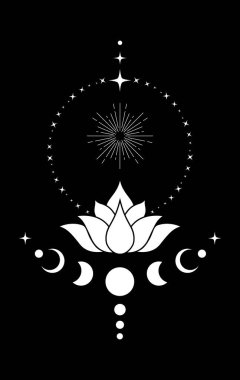 Mistik Hilal Ay ve Yıldızların Ay Evreleri logo tasarımlı kutsal nilüfer çiçeği. Yoga, spa, güzellik salonu, kozmetik, rahatlama, marka stili, dövme. Siyah üzerine izole edilmiş.