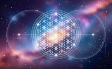 Yaşam Çiçeği, Yantra Mandala, yaşamın parlayan tohumu, Kutsal Geometri, uyum ve dengenin sembolü. Sonsuz dış uzayda mistik daireler, renkli nebula gökadası arka planı 