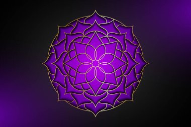 Kutsal Lotus çiçeği, mor çiçekli mandala, altın desenli. Taç Çakra Çiçeği sembolü yoga, spa, güzellik salonu, kozmetik, rahatlama, marka tarzı. Siyah arkaplanda izole edilmiş vektör