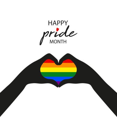 Mutlu Gurur Ayı, LGBTQIA kalp şekli oluşturan iki el, LGBT Gökkuşağı Bayrağı işareti olan Gay Gurur Bayrağı. Renkli tasarım elemanı çerçeve çerçeve vektörü beyaz arka grubunda izole