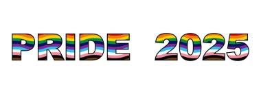 Pride 2025 Logo metni, Rainbow LGBTQIA + Wavy Banner. Eşitlik, Kapitalite. LGBT işaretli Gay Gururu şablonu. Gurur Ayı. Renkli tasarım ögesi beyaz arkaplanda izole edildi