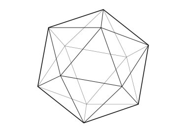 Beyaz zemin üzerinde izole edilmiş üç boyutlu ikosahedron şekli, vektör çizimi platonik katı 