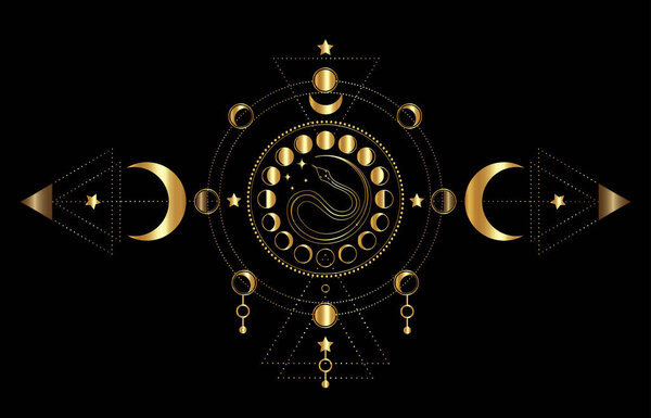 Фазы Луны астрономия и мистическая змея, лунный цикл по сакральной геометрии и тройная богиня. Золотые векторные векторные иллюстрации языческие викканские символы изолированы на черном фоне 