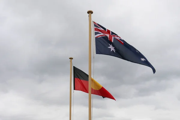 Rood Zwart Geel Inheemse Vlag Rode Witte Blauwe Australische Vlaggen — Stockfoto