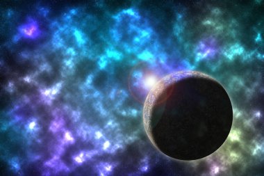 Samanyolu gökyüzünde parlak mavi ve mor ışıklar. Gölgeli ay ve parlaklıkla.