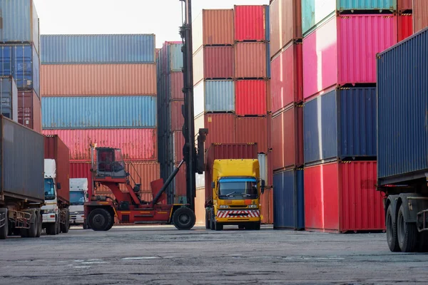 Container forklifts and trucks in the container yard Focus on imports and exports