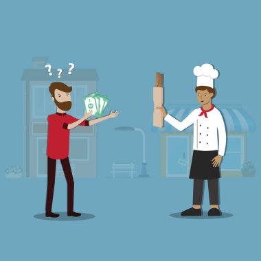 Flat design of Inflation crisis, The young man was frusted that he could only buy half a piece of bread with his