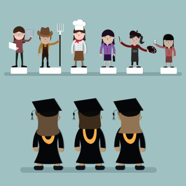 Flat design of cartoon character concept, A group of young women wearing a graduation suit  stand and choose a job description - vector illustration