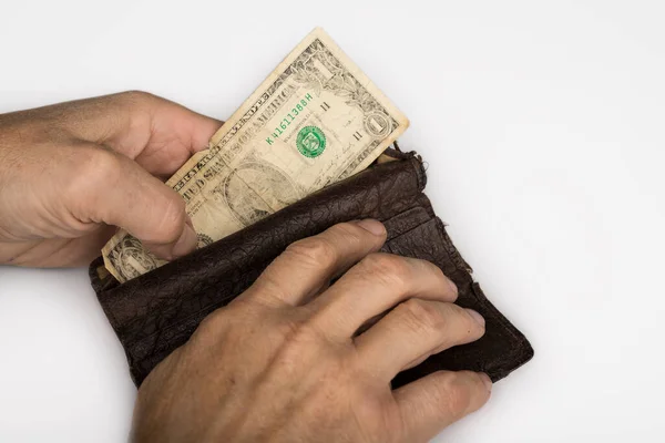 Arme Rentnerin Zerreißt Geldbörse Mit Einem Dollar — Stockfoto