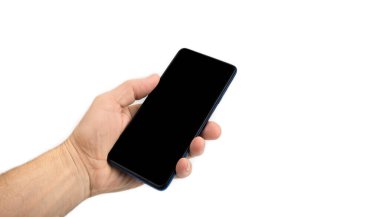 Cell smartphone in the male hand on a white