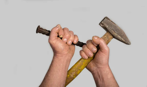 Old Sledge Hammer Tip Chisel Overworked Male Hands — стокове фото