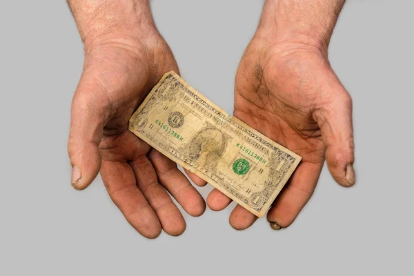 Один Доллар Переработанных Мужских Рук Концепция Реальной Бедности — стоковое фото