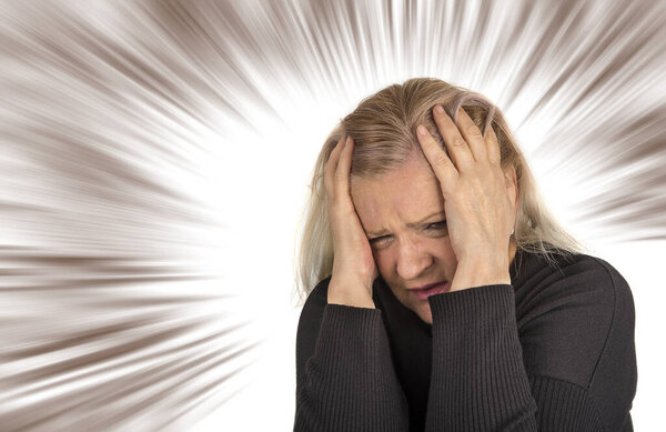 Upset stressed old woman with mental disorders.