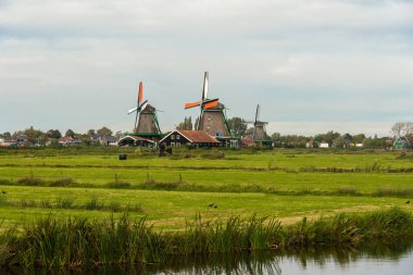 Zaanstad 'daki Zaanse Schans kasabasının yel değirmenleri