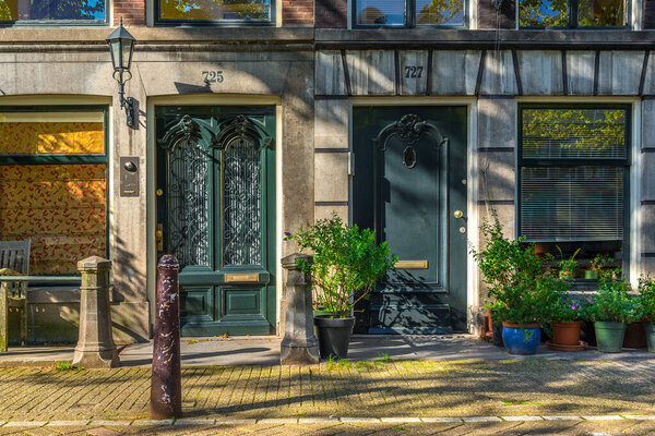 Old doors on colonial building in Amsterdam with a green flowers