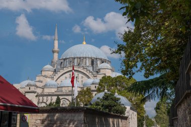 Süleyman 'ın camii manzarası ağaçlı ve mavi gökyüzü olan bir caddeden