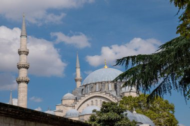 Süleyman 'ın camii manzarası ağaçlı ve mavi gökyüzü olan bir caddeden
