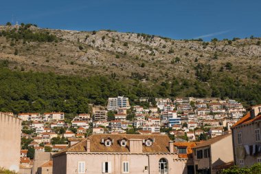Dubrovnik mimarisi. Yeşil ağaçlı bir yerleşim yeri. Yokuştaki evler