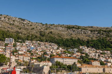 Dubrovnik eski kasaba duvarları üzerinde yeni bir yerleşim alanı ve yeşil kozalaklı ağaçlar var.