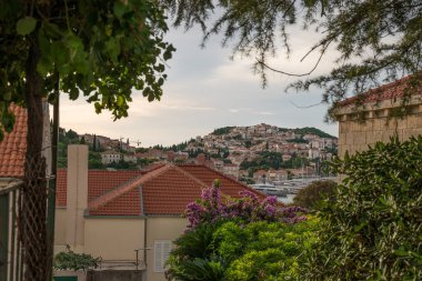Yeni modern Dubrovnik mimarisi. Yeşil ağaçlı ve arabalı bir yerleşim yeri.