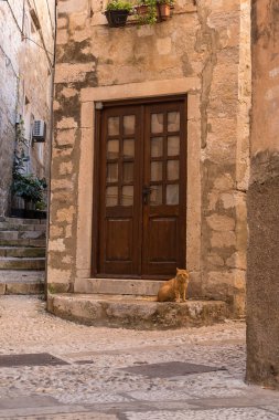 Kedili bir ortaçağ evinin giriş kapısı