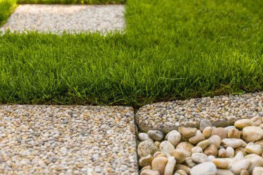 Taze kesilmiş çimenler ve taşlı masallar.