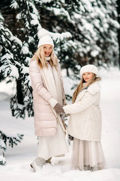 Красива Мати Дочка Розважаються Відкритому Повітрі Зимовий Час Гра Снігом — стокове фото