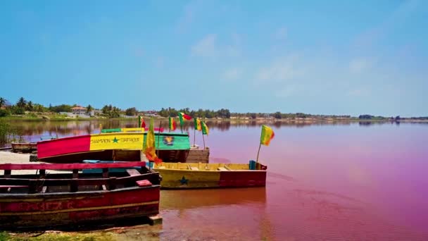 Човни Озері Ретба Рожеве Озеро Поблизу Дакара Сенегал — стокове відео