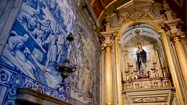 Blick Das Innere Der Kathedrale Braga Portugal Mit Azulejos — Stockvideo