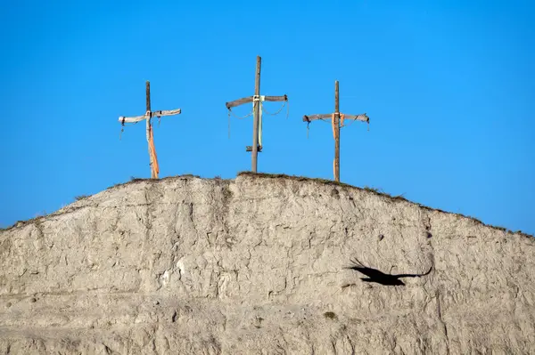 Three cross on a hill with a vulture flying in the foreground in the Tatacoa Desert in Huila, Colombia