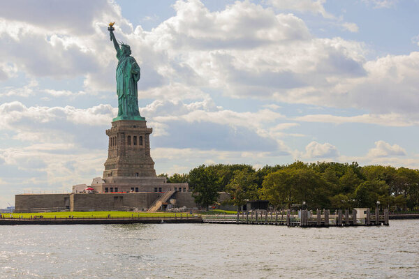 Beautiful view of Statue of Liberty on Liberty island in New York in bay in Hudson river delta.