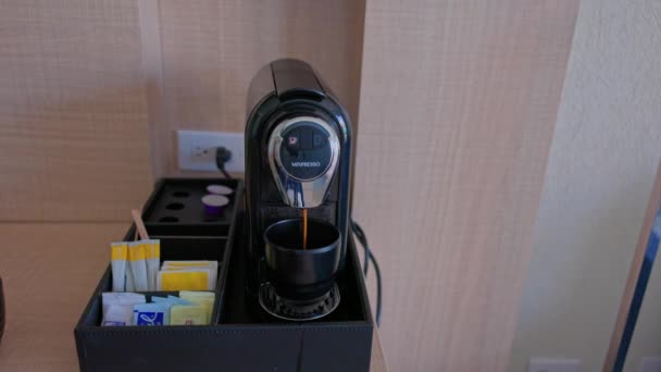 Close View Pouring Coffee Mug Pod Coffee Machine Person Hands — Stock Video