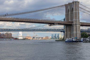Hudson nehrinin, Manhattan gökdelenlerinin ve Brooklyn köprüsünün manzarasını kapatın. ABD.