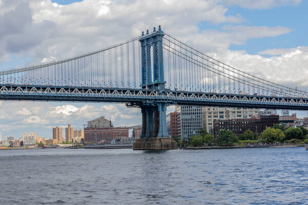 Beautiful view of Hudson river, Manhattan skyscrapers and Brooklyn bridge. USA.