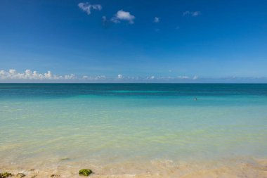 Atlantik Okyanusu 'nun kumlu sahildeki sakin dalgalarının güzel manzarası. Aruba. 