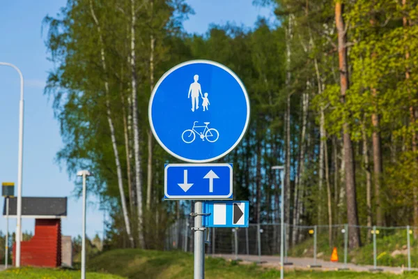 Close View Blue Road Sign Pedestrians Bicycles Lane Sweden — Stock Photo, Image