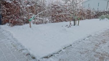 Karla kaplı bahçenin doğal manzarasına yakından bakın. İsveç.