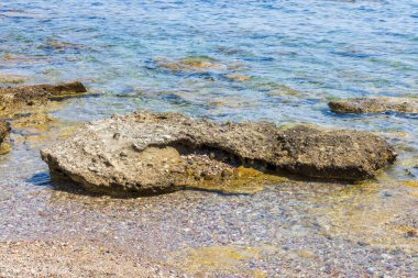 Beautiful view of rocky coastline. Natural landscape background. Greece. 
