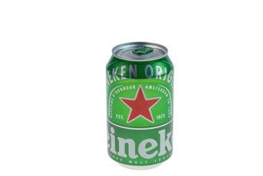 Close up view of can of Holland beer Heineken isolated on white background. Sweden. Uppsala. 02.11.2023.