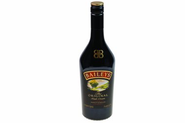 Close up view of Baileys liquor bottle isolated on white background. Sweden. Uppsala. 02.11.2023.