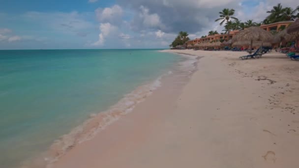大西洋のターコイズブルーの水でホテルの砂浜の美しい景色 アルバ — ストック動画