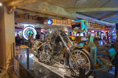 Beutiful interior view of Treasure Island hotel. Close-up view of legendary bike as decoration. Strip.Las Vegas. USA. 09.17.2022.