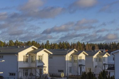 Gorgeous view of landscape of nature with villas against background of blue sky with white clouds. Sweden.