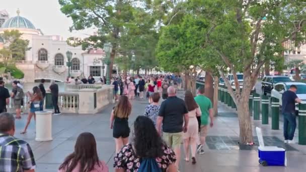 Kaunis Näkymä Bellagio Kasino Hotelli Keinotekoinen Lampi Näkymät Ihmiset Kävelevät — kuvapankkivideo