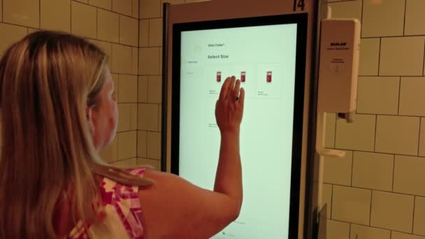 Woman Orders Coca Cola Drink Mcdonald Self Service Kiosk Las — Stock Video