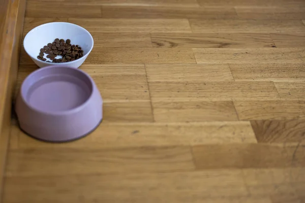 Close-up view of cup of water and cup of dry dog food on wooden floor.
