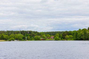 Ormanın zıt kıyılarındaki büyük göl ve villaların güzel manzarası. İsveç. 